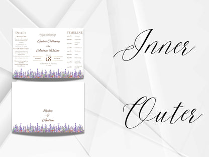 Elegant Floral Wedding Invitation with Timeline & Details | Purple Lavender Watercolor Template | Printable Reception Card. WIB130