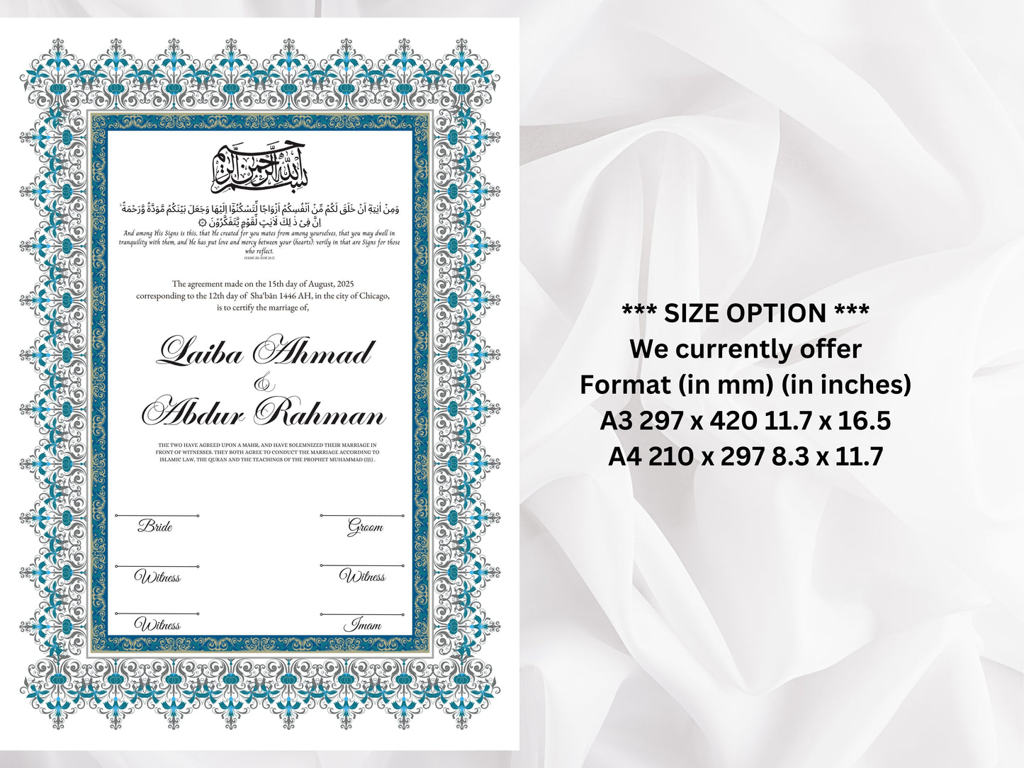 Nikkah Certificate Digital Download Personalised, A4, A3, Template, Editable, Nikkah Nama, Nikkah Contract, Muslim Contract. NN272