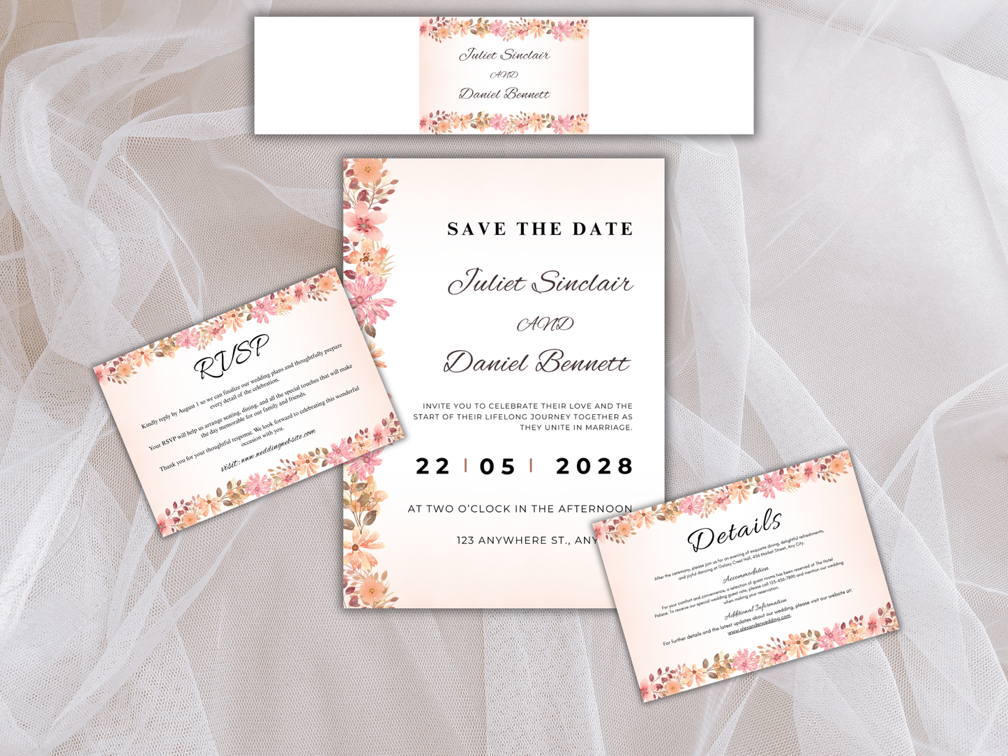 Elegant Peach Wedding Invitation Bundle, RSVP, Details, Menu & Thank You, Canva Template MTC419