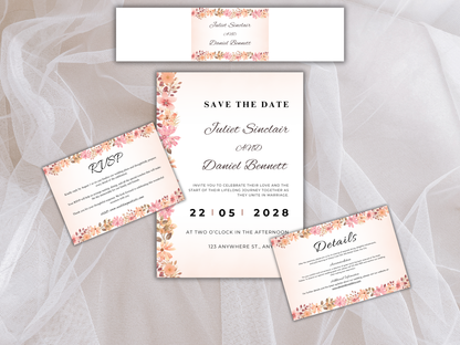 Elegant Peach Wedding Invitation Bundle, RSVP, Details, Menu & Thank You, Canva Template MTC419