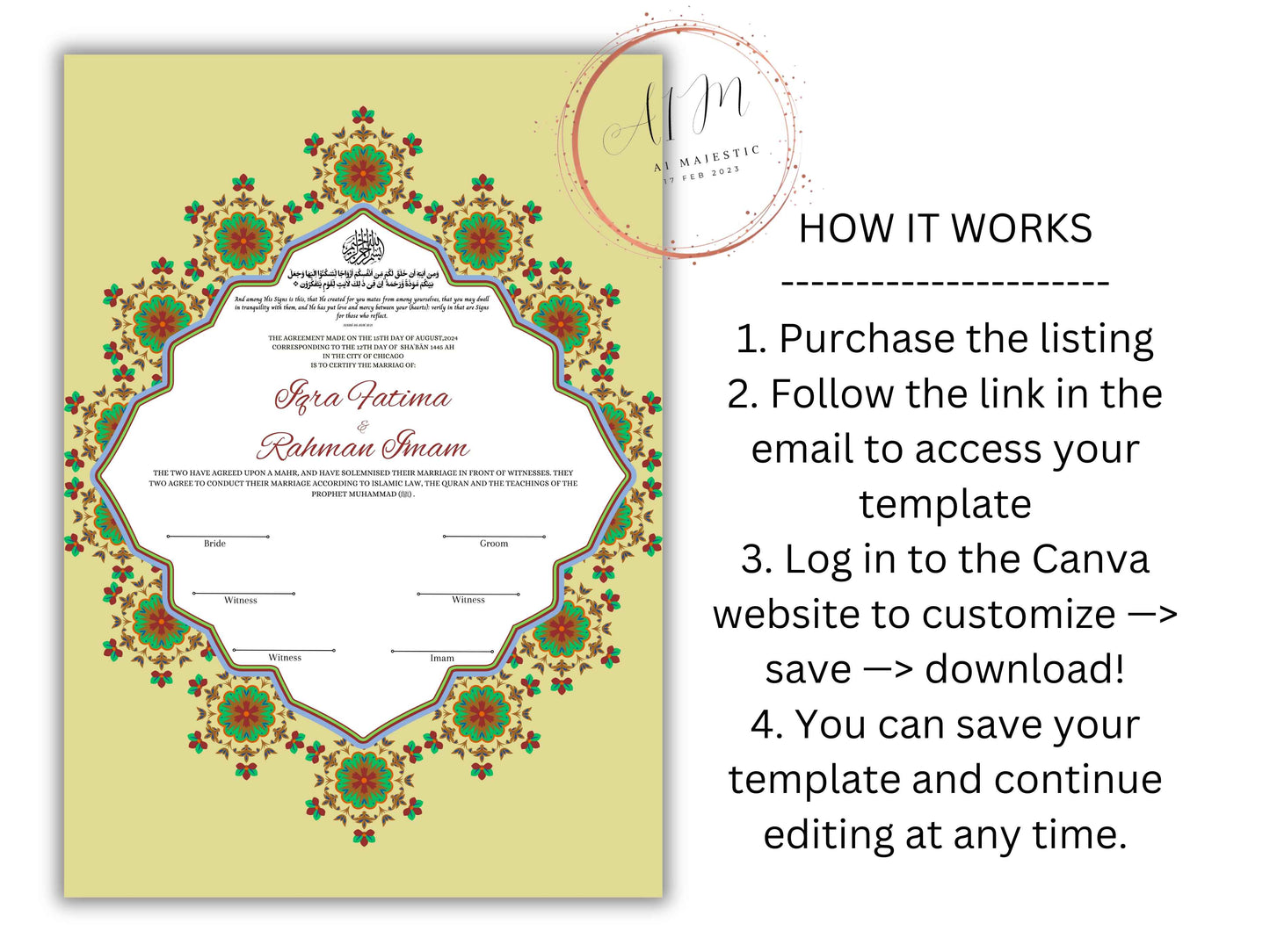 Nikkah Certificate Digital Download Personalised, A4, A3, Nikkah Contract, Muslim Nikkah Certificate Template, Instat Download. NN231