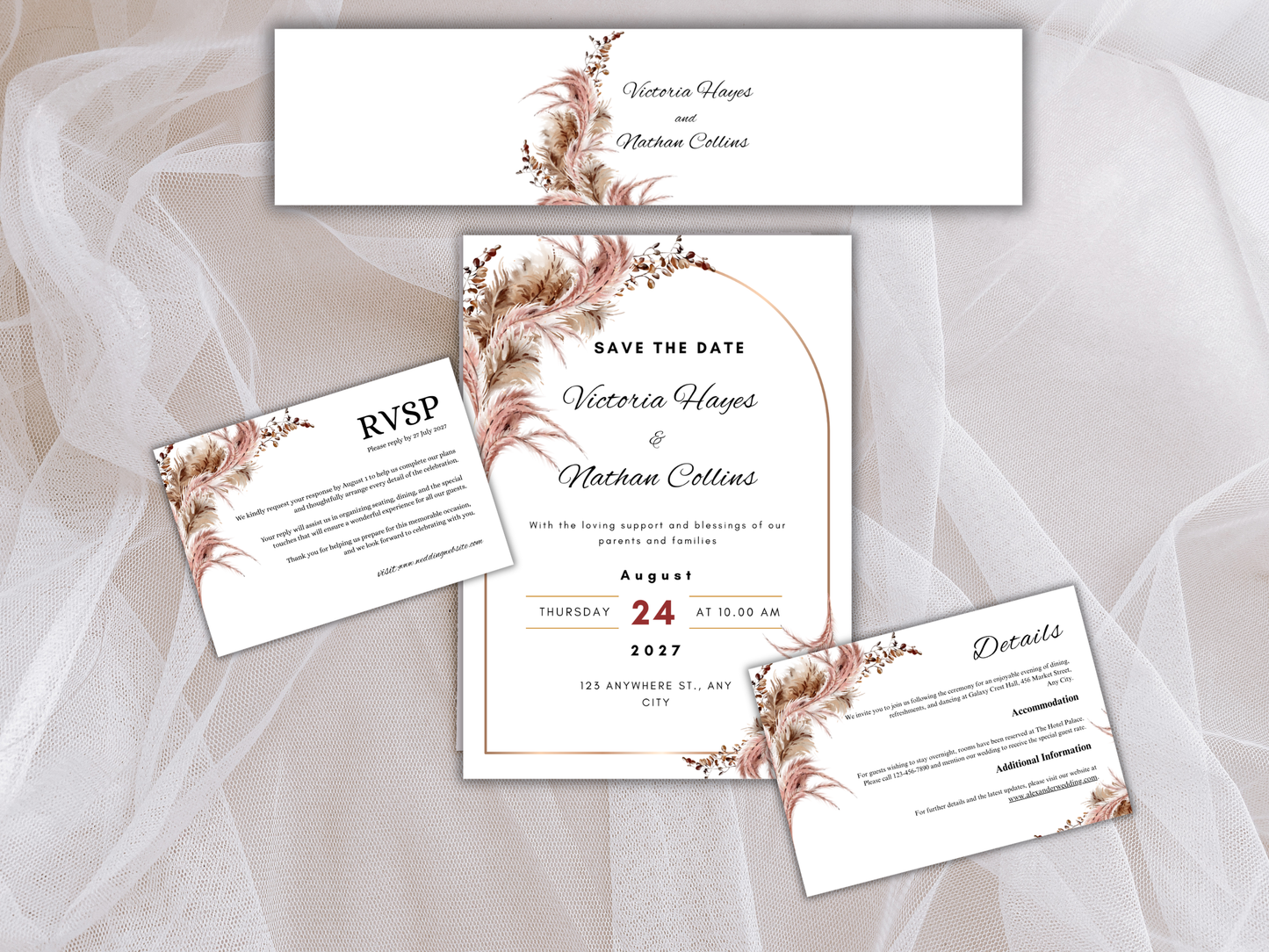 Blush Pampas Wedding Invitation Suite, Editable RSVP, Details, Menu & Thank You (Digital Download) MTC389