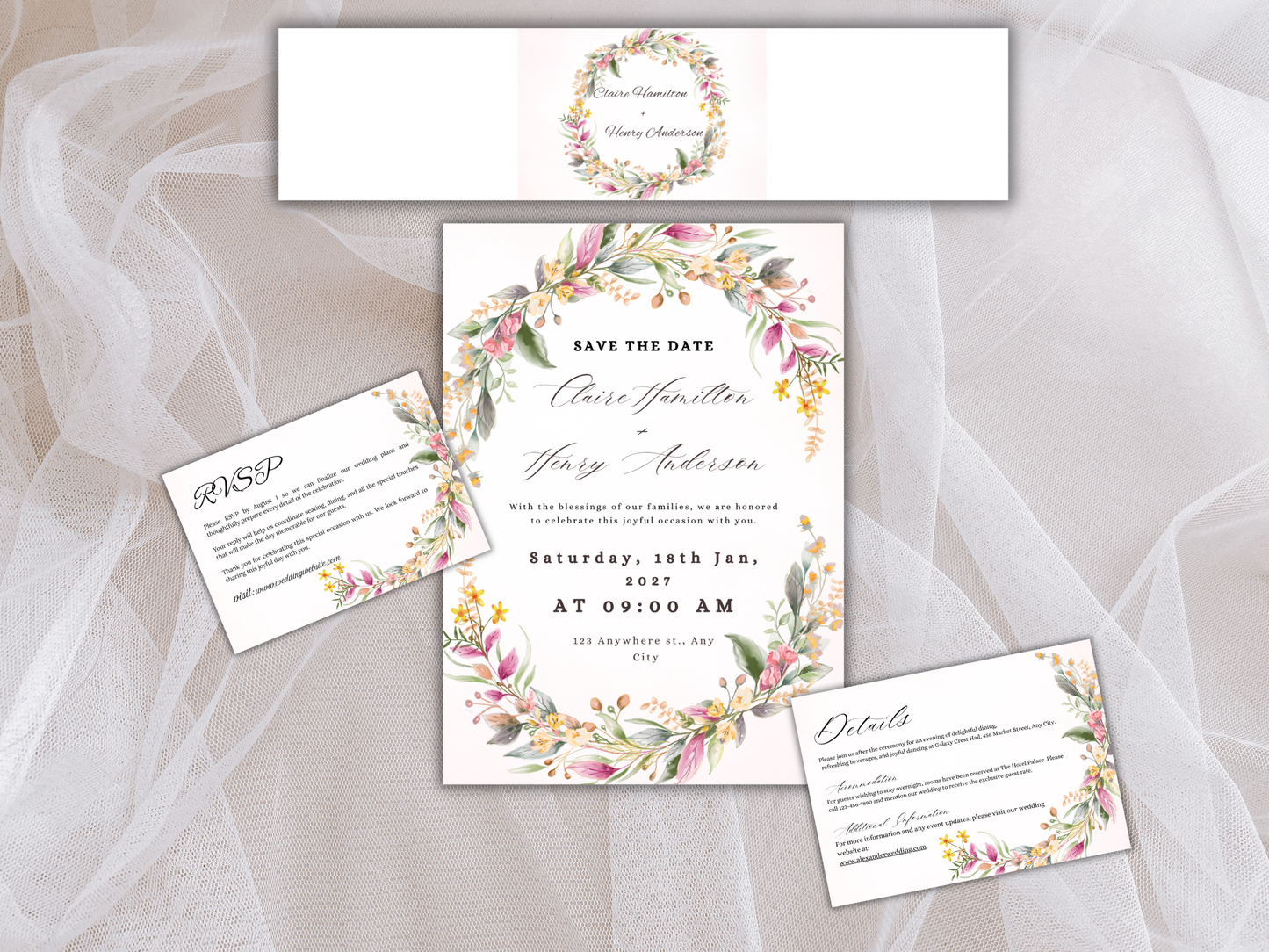Botanical Wedding invitation Bundle,  Menu, Details, RVSP, Bottle Label, Instant Download MTC405