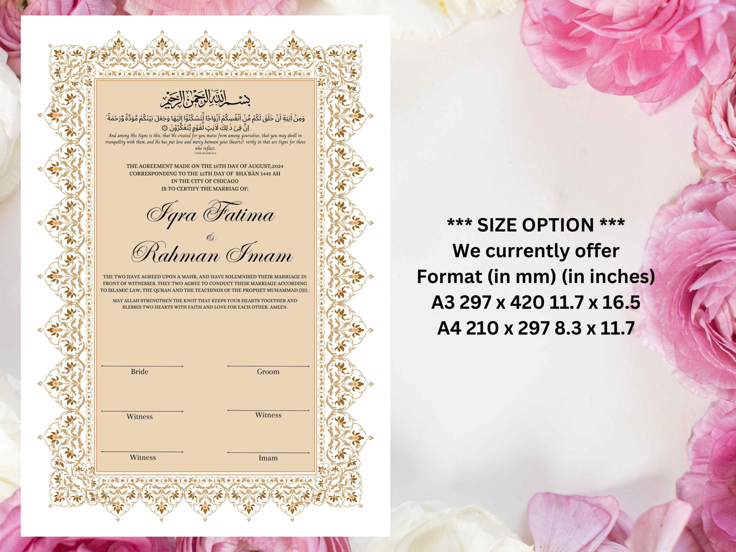 Nikkah Certificate, Nikkah Islamic Marriage Certificate, Printable, Custom Name Nikkah. Quran Verse, Digital Download. NN221
