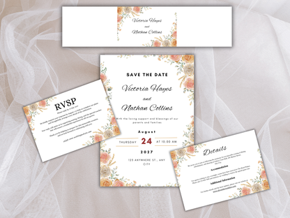 Blush Peach Floral Wedding Invitation Suite, Editable RSVP, Details, Menu & Thank You (Digital Download) MTC387
