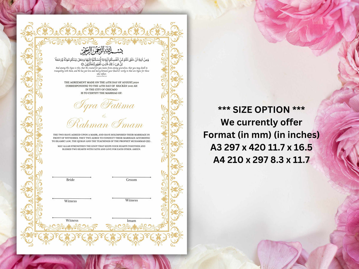 Nikkah Certificate, A4/A3 Islamic Wedding Contract Template, Nikkah Nama, Muslim Marriage, Personalised Names, Quran Verse.NN235