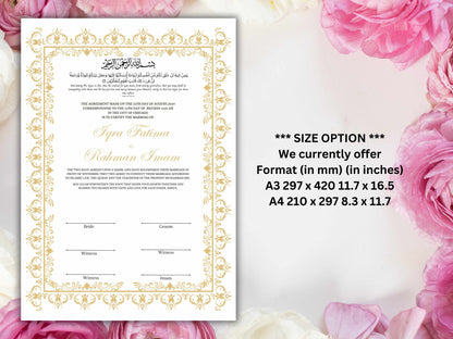 Nikkah Certificate, A4/A3 Islamic Wedding Contract Template, Nikkah Nama, Muslim Marriage, Personalised Names, Quran Verse.NN235