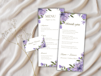 Lavender Floral Wedding Menu & Thank You Template | Editable Canva Place Card. WI204