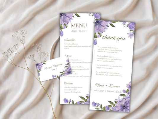 Lavender Floral Wedding Menu & Thank You Template | Editable Canva Place Card. WI204