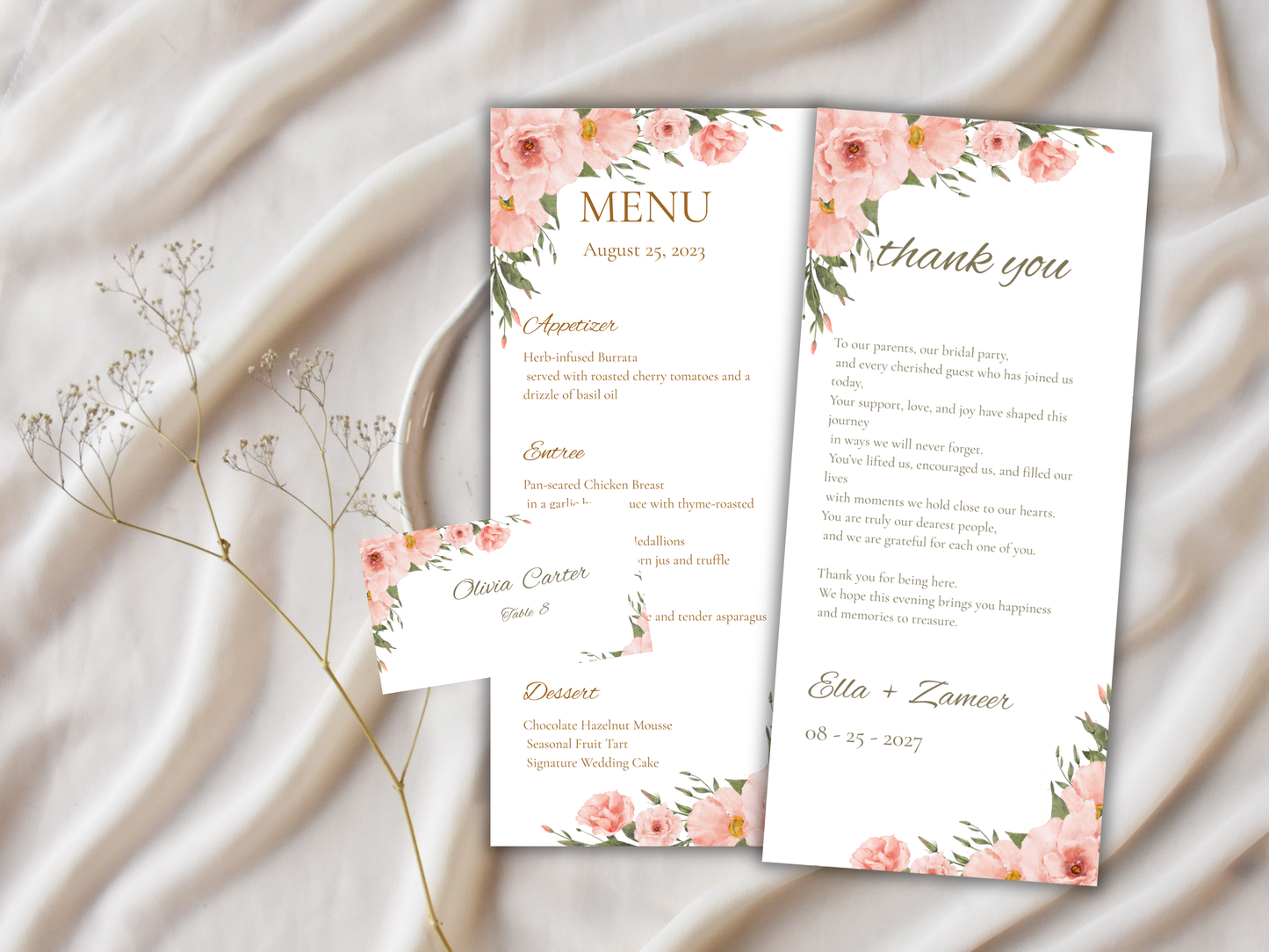 Floral Wedding Menu & Thank You Template | Editable Canva Place Card. WI211