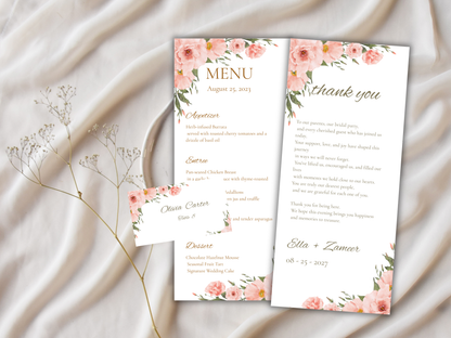 Floral Wedding Menu & Thank You Template | Editable Canva Place Card. WI211
