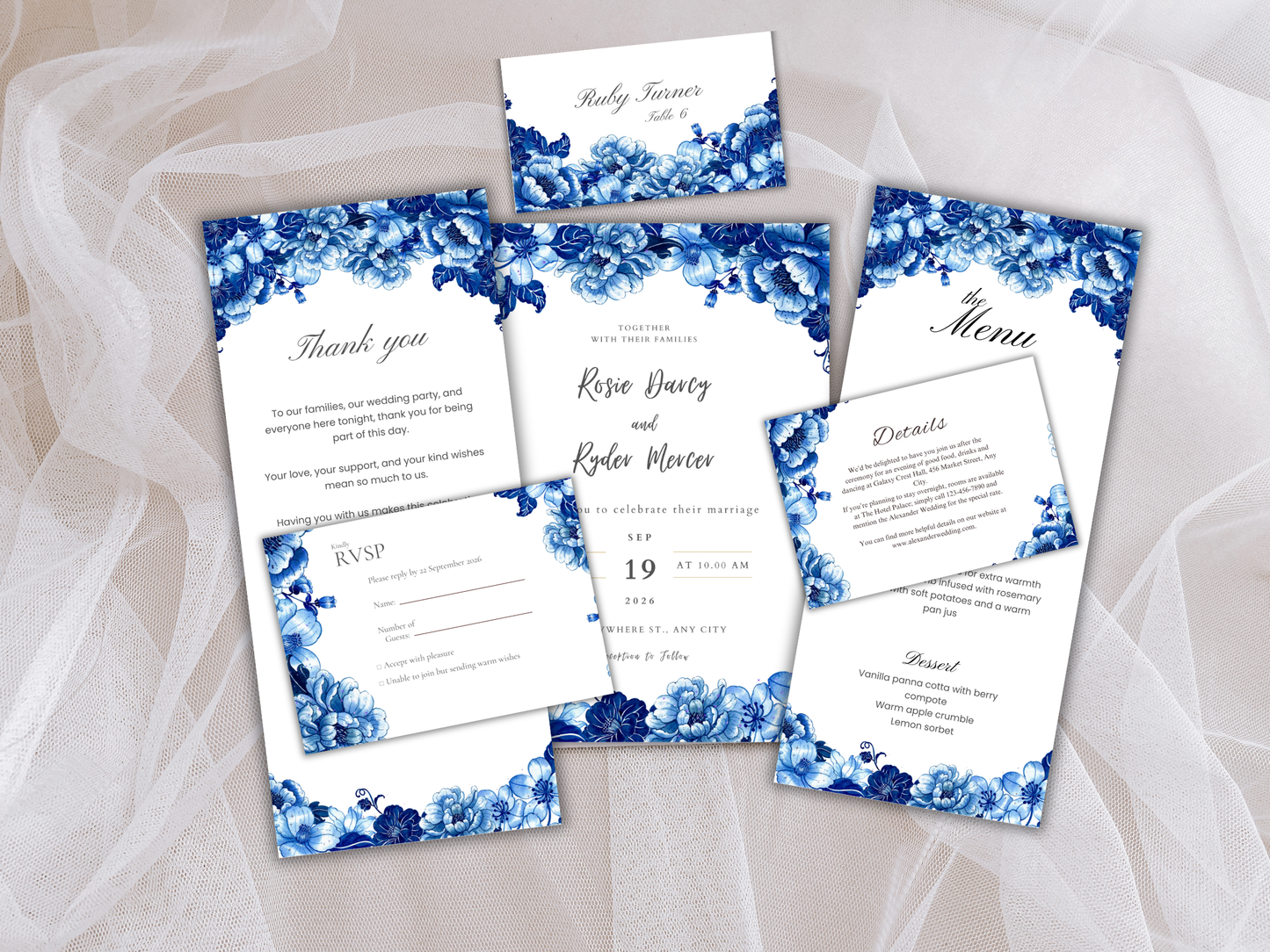 Wedding Invitation Bundle, RSVP, Thank You Card, Table Card, Menu Card, Reception Card, Details Card. WI224
