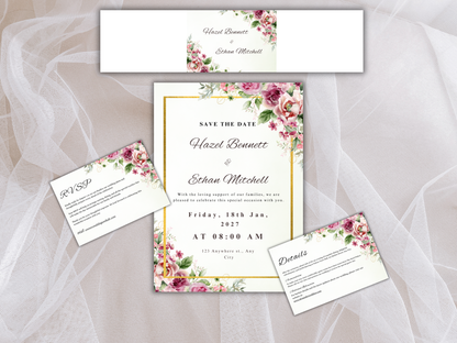 Floral Wedding Invitation Suite, RSVP, Details, Menu & Thank You Card, Bottle label, Digital Download MTC413