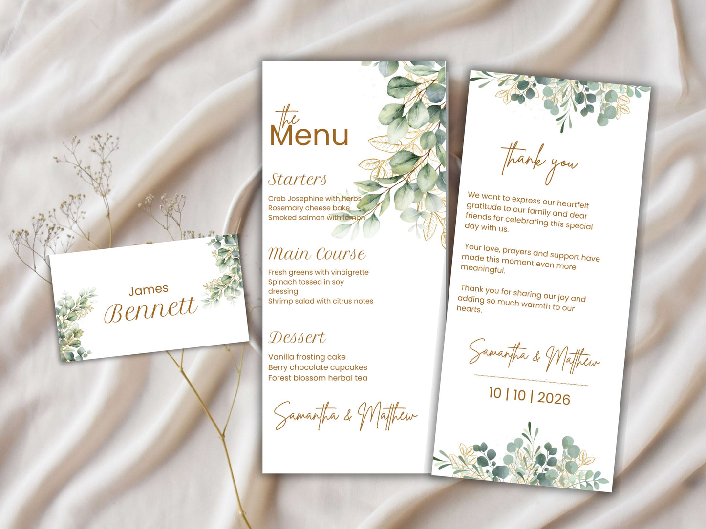 Boho Greenery Wedding Menu Template | Eucalyptus Place Card & Thank You Card | Minimalist Wedding Printable Set | Instant Download. WI188