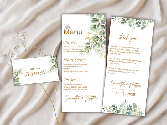 Boho Greenery Wedding Menu Template | Eucalyptus Place Card & Thank You Card | Minimalist Wedding Printable Set | Instant Download. WI188