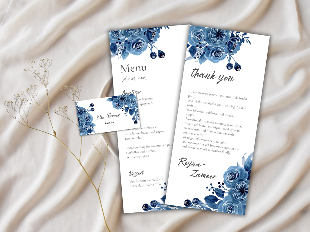 Blue Floral Wedding Menu & Thank You Card Set, Editable Template, Place Card.WI213