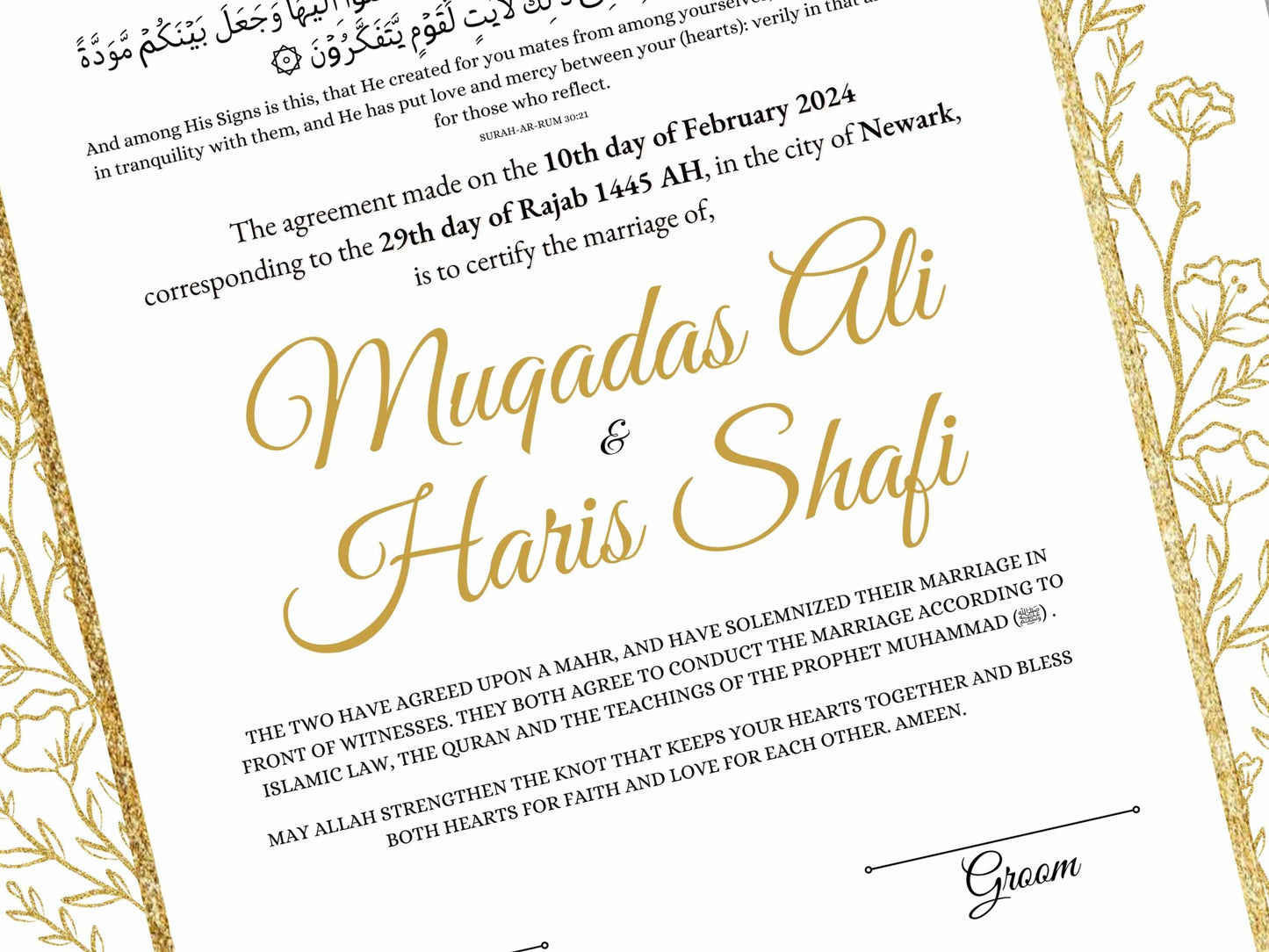 Gold Floral Nikkah Certificate Digital Download Personalised, A4, A3, Template, Instat Download. NN206