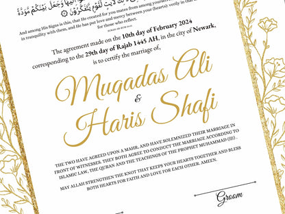 Gold Floral Nikkah Certificate Digital Download Personalised, A4, A3, Template, Instat Download. NN206