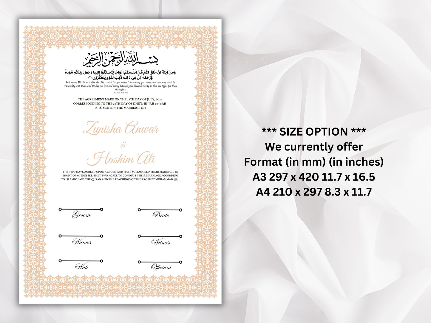 Nikkah Certificate Digital Download Personalised, A4, A3, Template, Editable, Brown Nikkah Nama, Nikkah Contract, Muslim Contract. NN267