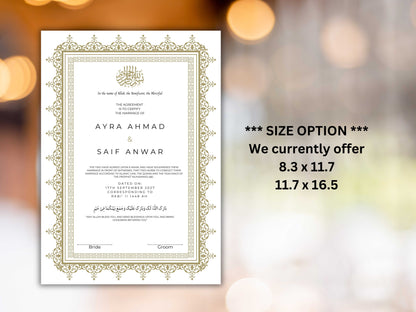 Nikkah Certificate Digital Download Personalised, A4, A3, Template, Muslim Wedding Contract, Instat Download. NN285