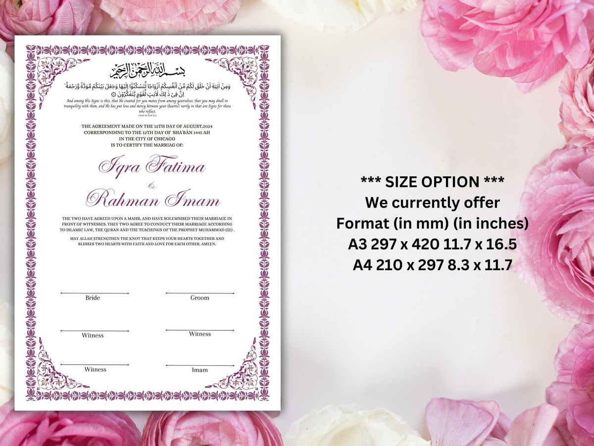 Nikkah Certificate, Nikkah Islamic Marriage Certificate, Printable, Custom Name Nikkah. Quran Verse, Digital Download. NN219