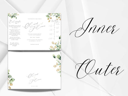 Gatefold Wedding Invitation Template | Green Folded Invite | Printable Ceremony Card | Modern Wedding Schedule Design. WIB127