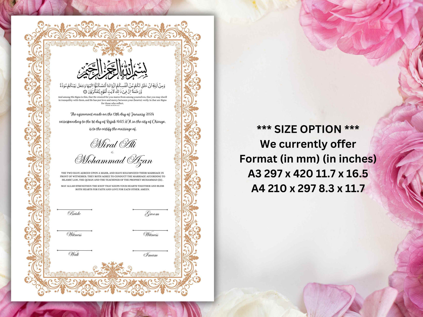 Luxury Nikkah Certificate, Premium A4 Islamic Wedding Contract, Nikkah Nama, Muslim Marriage Certificate, Personalised Names, A4, A3. NN249