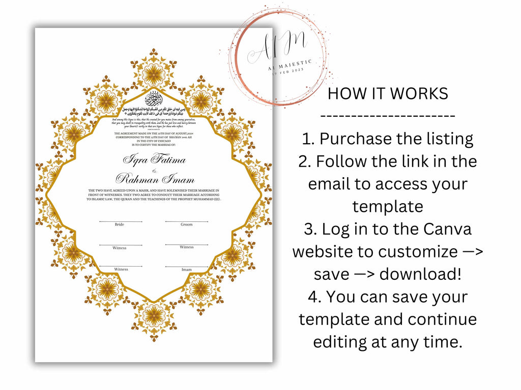 Nikkah Certificate Digital Download Personalised, A4, A3, Nikkah Contract, Muslim Nikkah Certificate Template, Instat Download. NN229