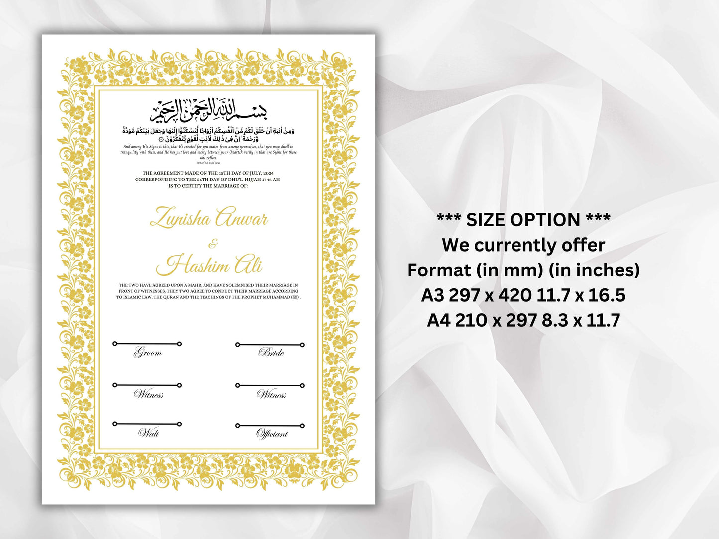 Nikkah Certificate Template, Traditional Islamic Wedding Agreement, Marriage Contract Wedding, Marriage Certificate Template, A4, A3. NN261