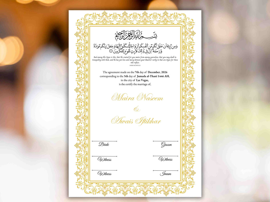 Nikkah Certificate Digital Download Personalised, A4, A3, Template, Editable, Gold Nikkah Nama, Nikkah Contract, Muslim Contract. NN292