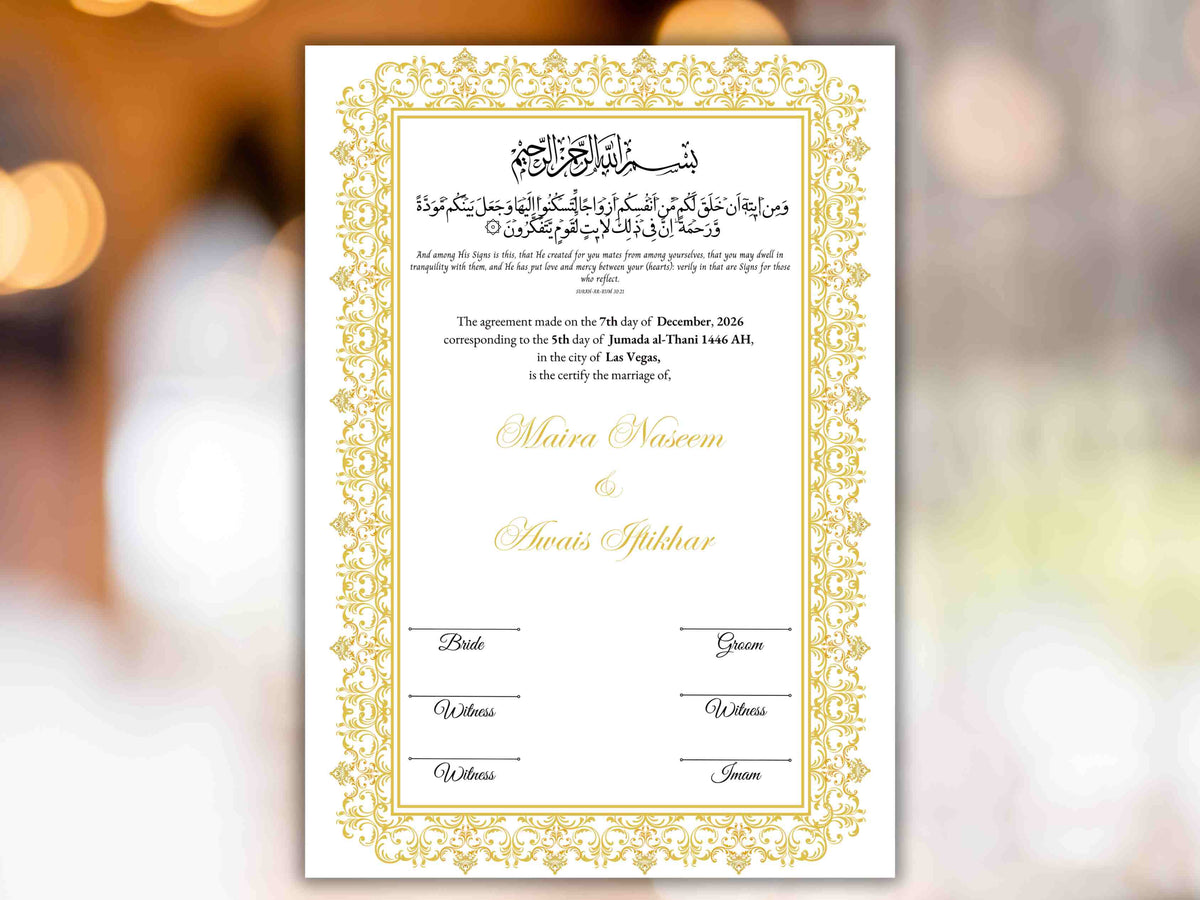 Nikkah Certificate Digital Download Personalised, A4, A3, Template, Editable, Gold Nikkah Nama, Nikkah Contract, Muslim Contract. NN292