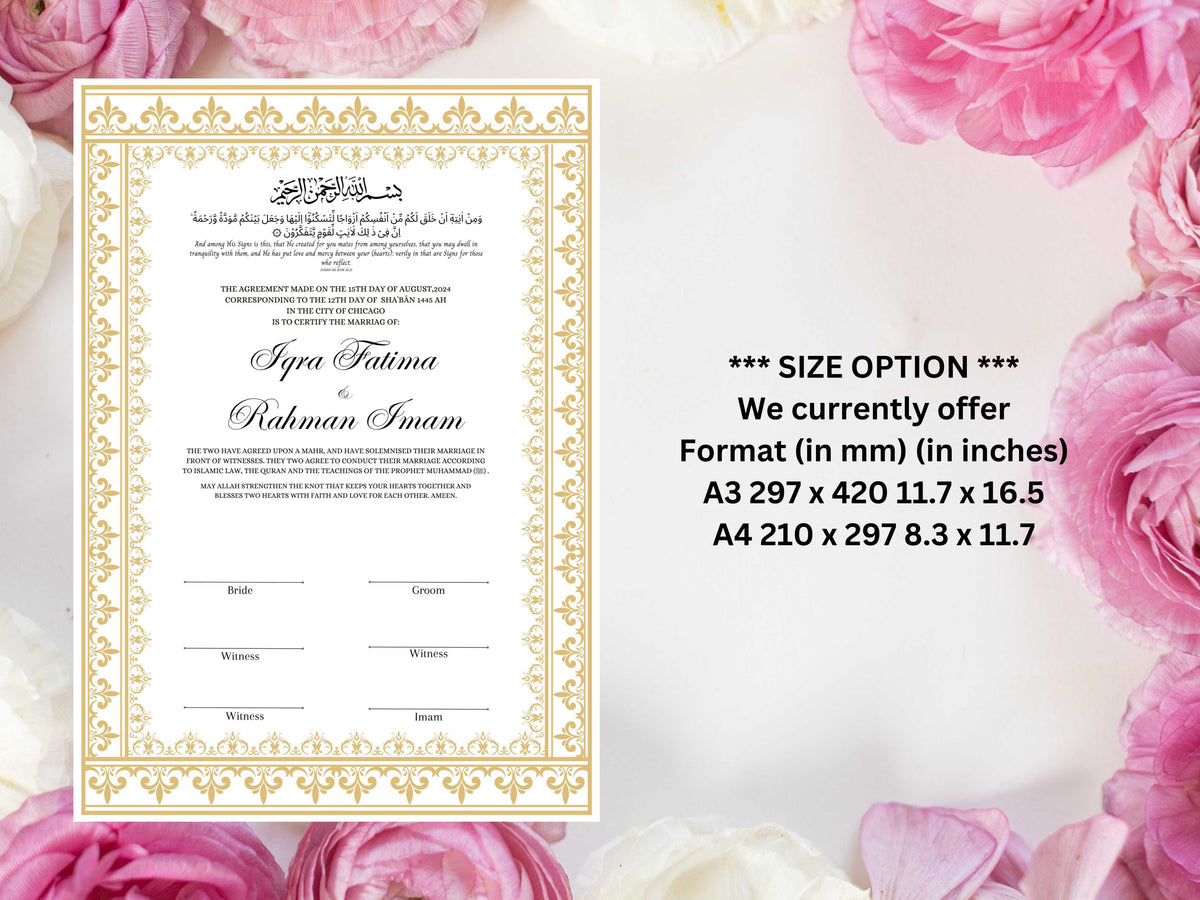 Nikkah Certificate Digital Download, A4 / A3. NN233