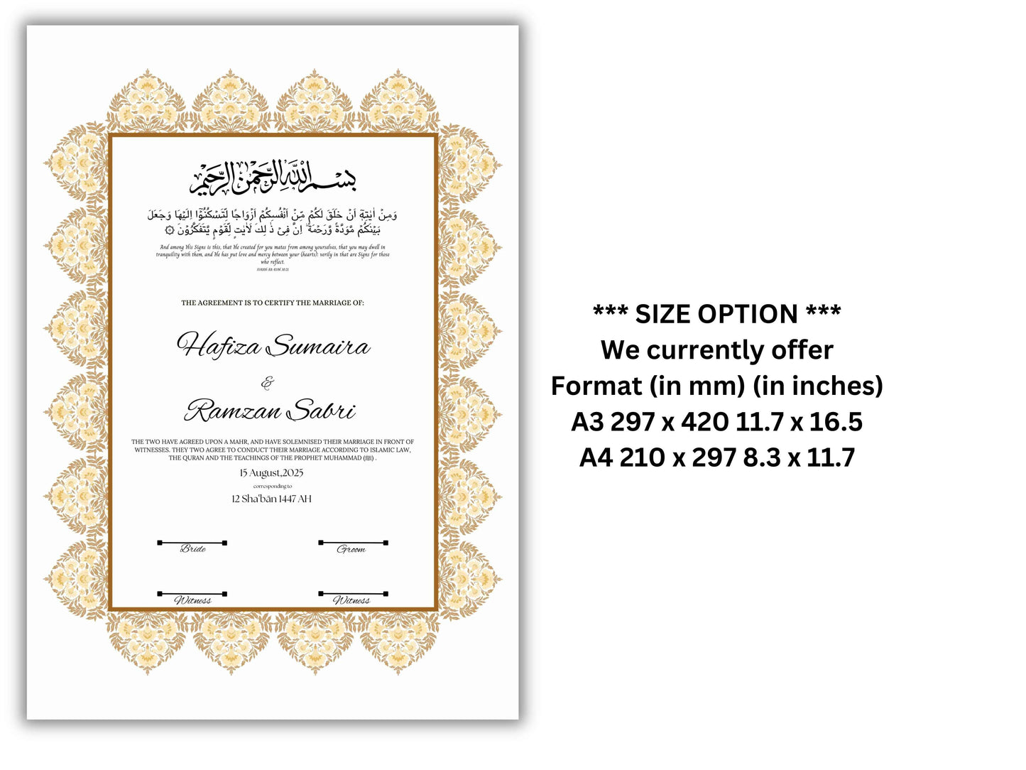 Luxury Nikkah Certificate, Premium A4 Islamic Wedding Contract, Nikkah Nama, Muslim Marriage Certificate, Personalised Names, A4, A3. NN295