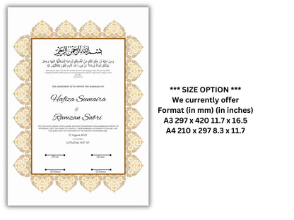 Luxury Nikkah Certificate, Premium A4 Islamic Wedding Contract, Nikkah Nama, Muslim Marriage Certificate, Personalised Names, A4, A3. NN295