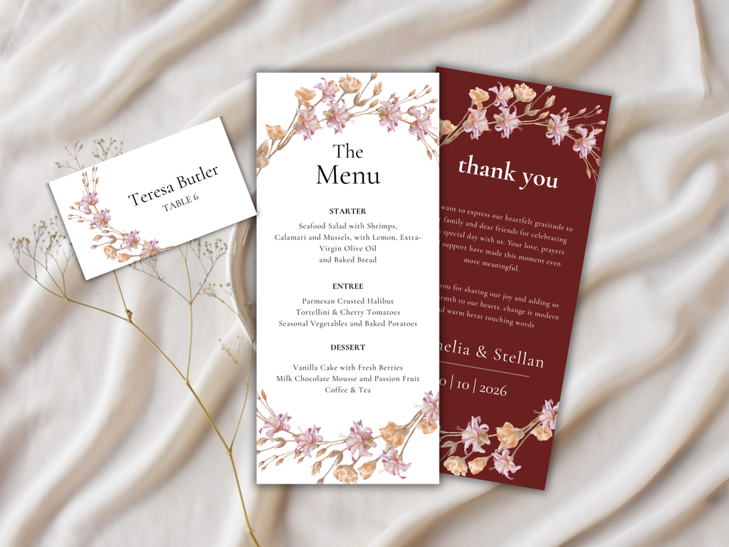 Elegant Wedding Stationery Bundle | Floral Menu, Thank You & Place Card | Editable Templates for Canva | Digital Download. WI190