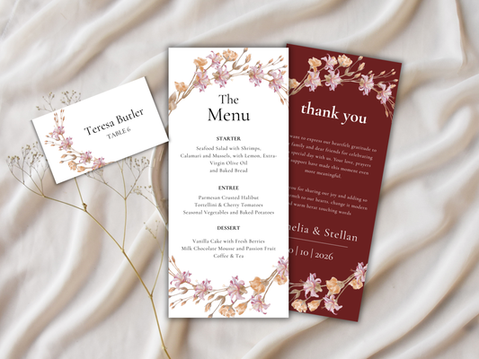 Elegant Wedding Stationery Bundle | Floral Menu, Thank You & Place Card | Editable Templates for Canva | Digital Download. WI190