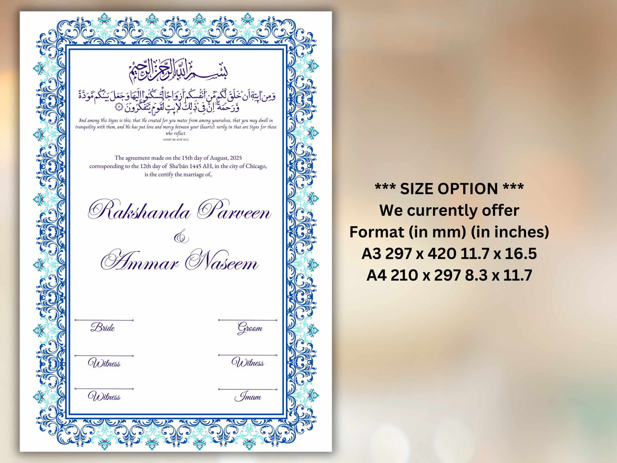 Nikkah Certificate Digital Download Personalised, A4, A3, Template, Editable, Nikkah Nama, Nikkah Contract, Muslim Contract. NN242