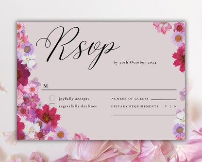 Pink Flowers Wedding Invitation set, Pink Floral RSVP, Elegant Pink Rose wedding Invitation, Details , Editable,Template, WT47