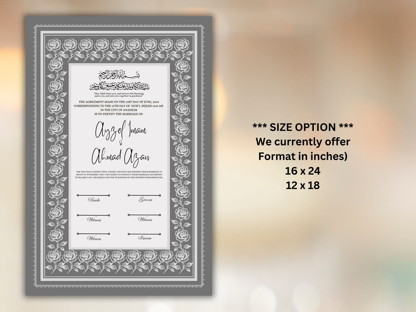 Rose Nikkah Certificate Template, Editable Nikkahnama, Printable Nikah Contract, Muslim Contract, Nikkah Islamic Marriage Contract.NN255
