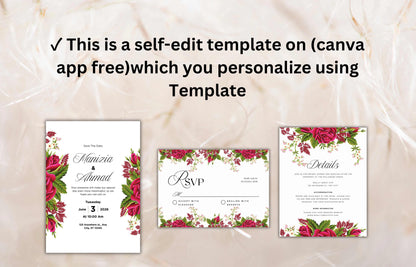 Floral Wedding Invitation Set Template, Printable Hot Pink Rose Wedding Invite Suite, Boho Wedding Template, RSVP Card, Details Card. WIB73