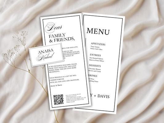 Wedding Menu & Thank You Template | Editable Canva Place Card. WI215