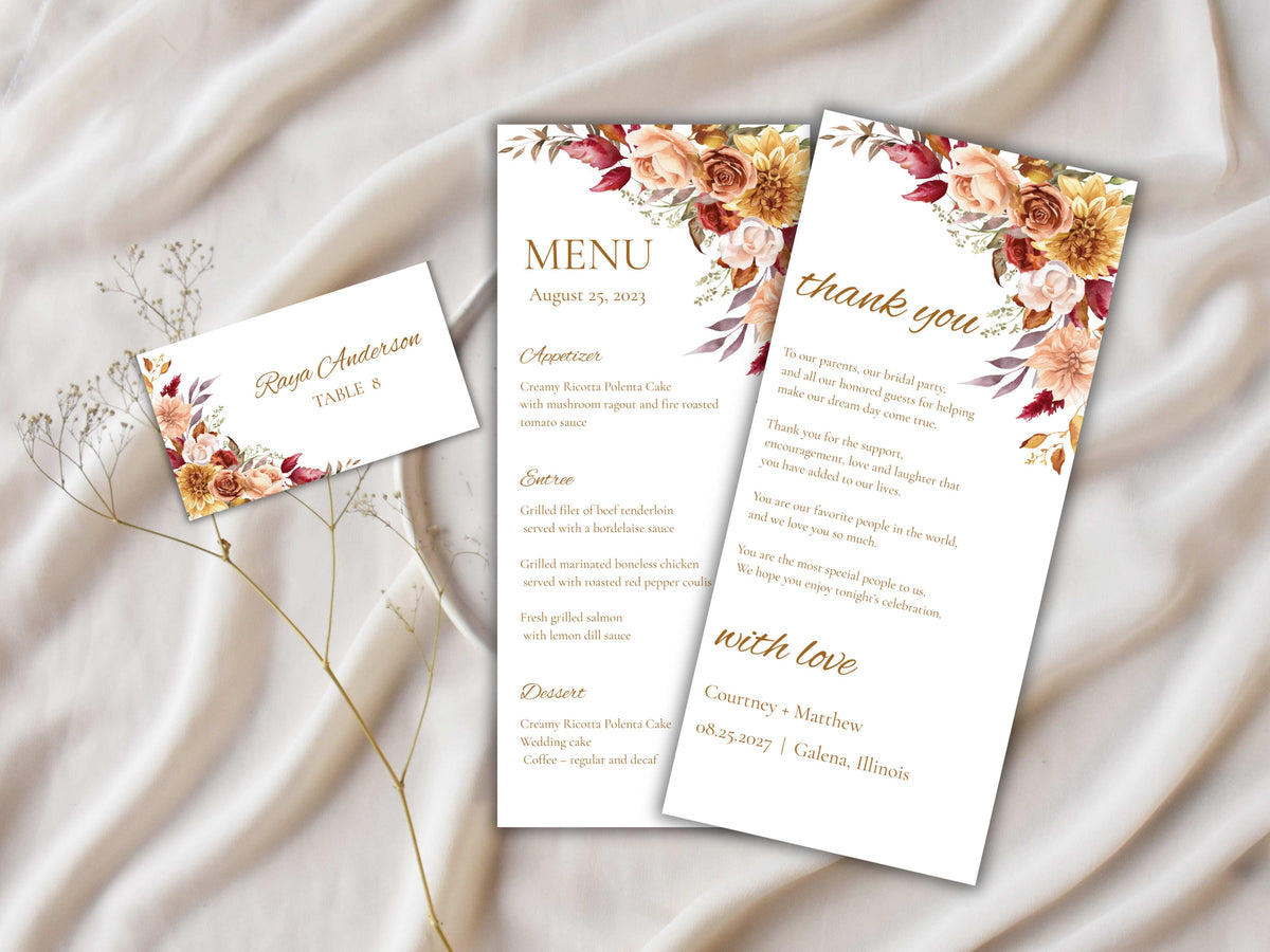 Boho Autumn Wedding Menu Template, Editable Place Card & Thank You Note, Fall Floral Wedding Printables. WI191