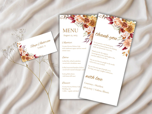 Boho Autumn Wedding Menu Template, Editable Place Card & Thank You Note, Fall Floral Wedding Printables. WI191