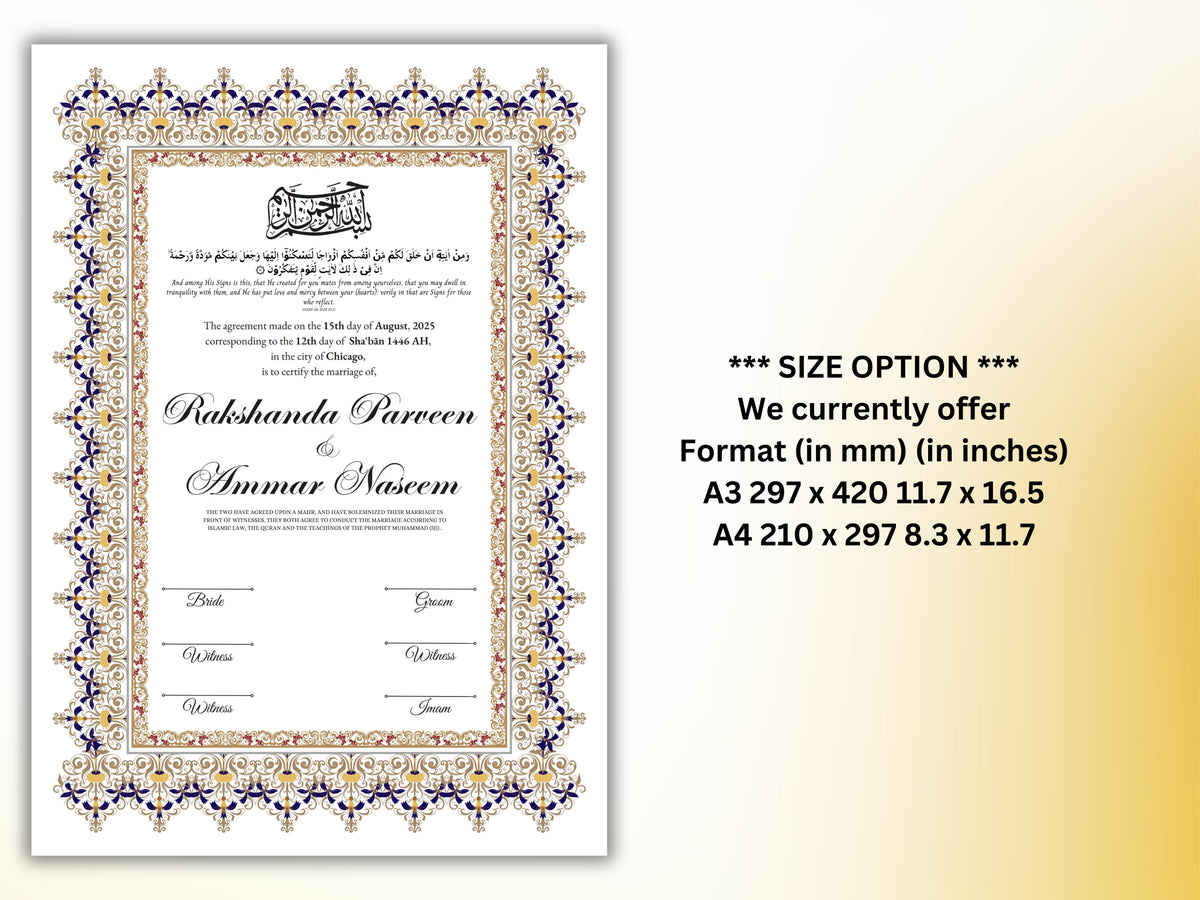 Nikkah Certificate Digital Download Personalised, A4, A3, Template, Editable, Nikkah Nama, Nikkah Contract, Muslim Contract. NN273
