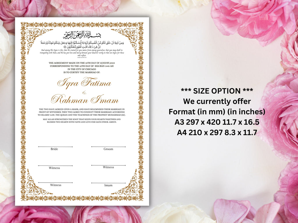Nikkah Certificate, Nikkah Islamic Marriage Certificate, Printable, Custom Name Nikkah. Quran Verse, Digital Download. NN218
