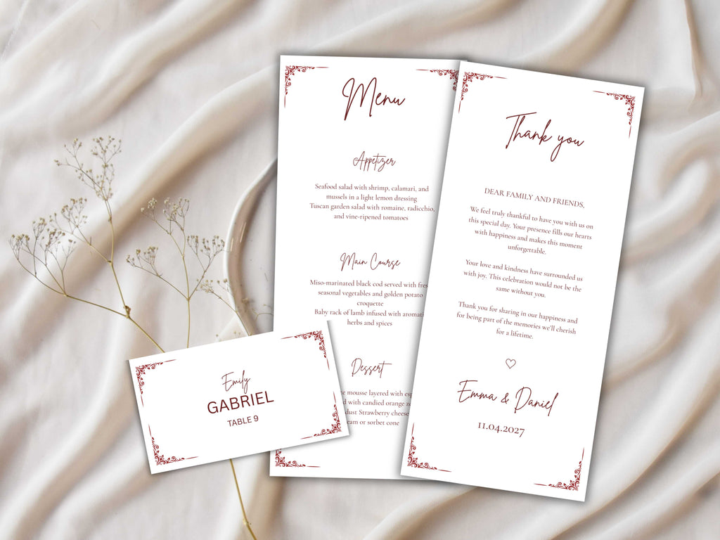 Wedding Menu Template, Thank You Card, Place Card. WI201