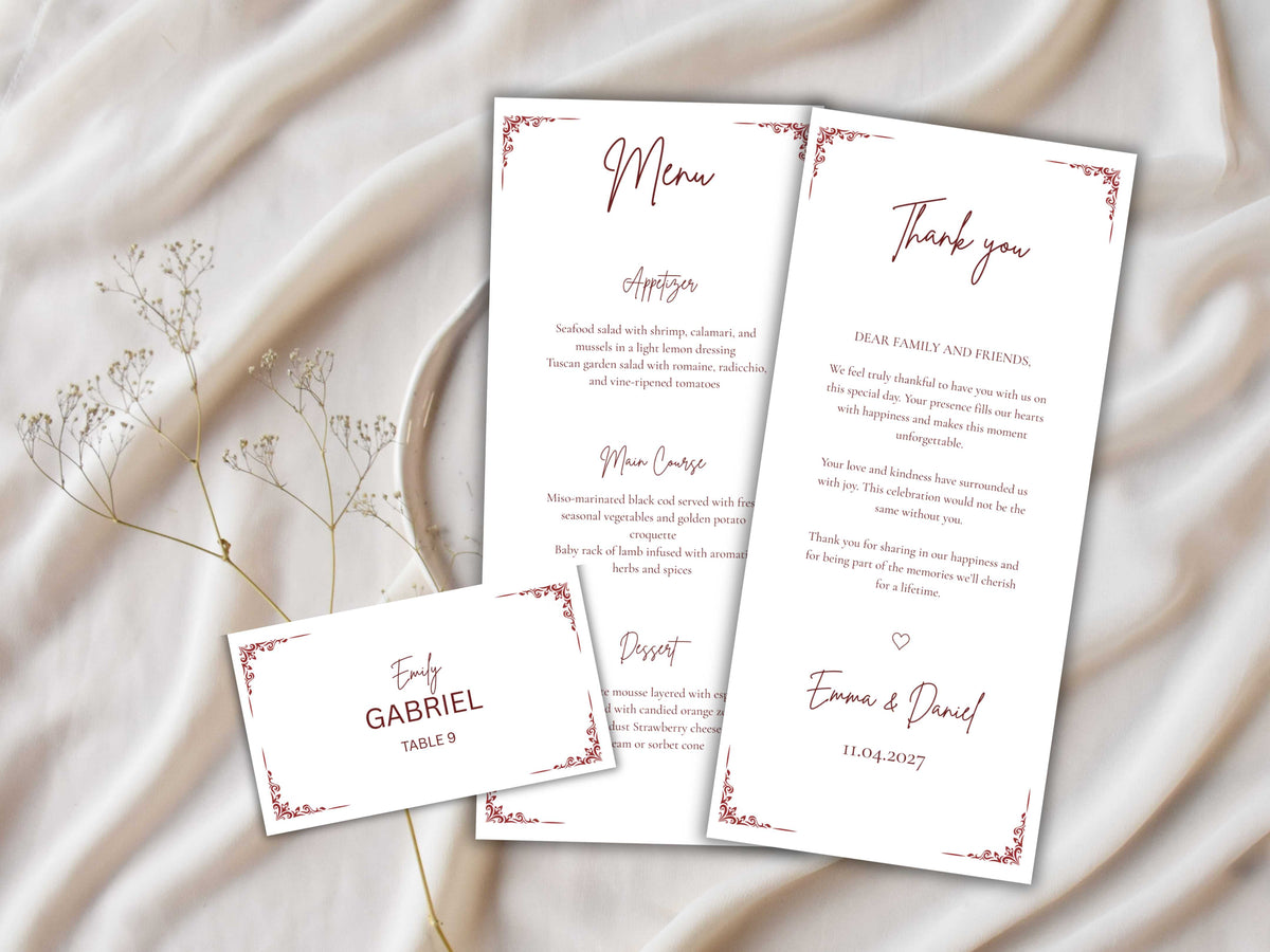 Wedding Menu Template, Thank You Card, Place Card. WI201