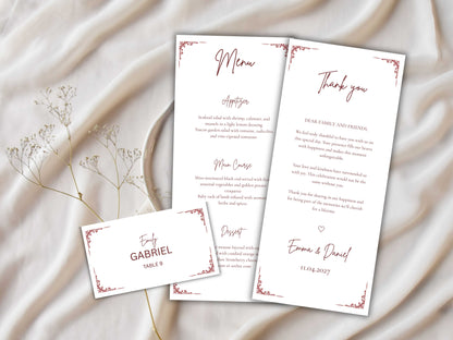 Wedding Menu Template, Thank You Card, Place Card. WI201