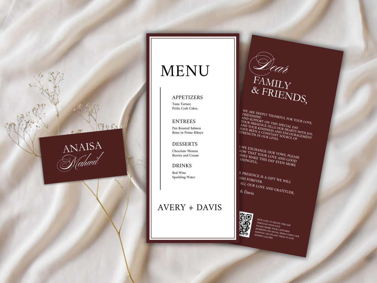 Modern Wedding Menu & Thank You Card Template | Editable Canva Design | Elegant Burgundy Reception Set | Minimal Wedding Stationery. WI187