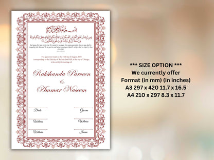 A4/A3 Nikkah Contract, Digital Printable Personalised Customised Nikkah Certificate, Digital Download, Islamic Marriage Contract. NN241